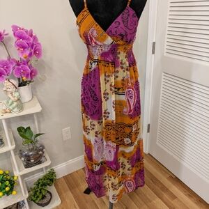 Elegant Paisley Maxi Dress in Purple and Orange Size L